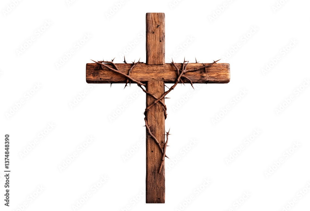 Wooden cross with thorns isolated on transparent background