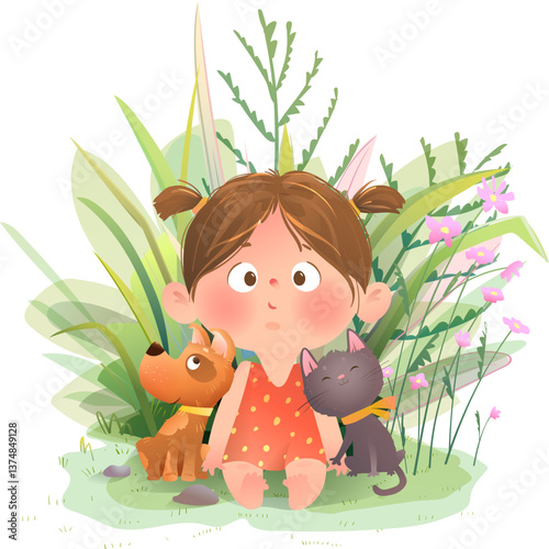 Little cute toddler girl in nature with her pets dog and cat. Cute child and her pets outdoors in the garden. Vector cartoon isolated clip art for kindergarten kids.
