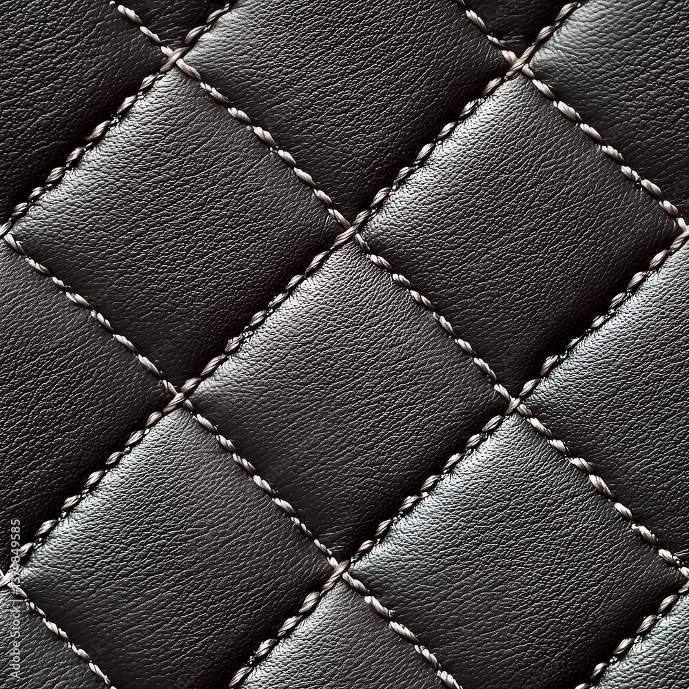 Naklejka premium Close-up seamless black leather with diagonal diamond stitching, seamless texture for luxury car seat design, furniture surface, fashion accessory, or upholstery detail