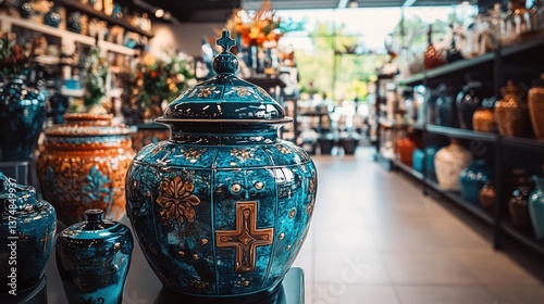 Decorative ceramic urns in vibrant colors on store shelves