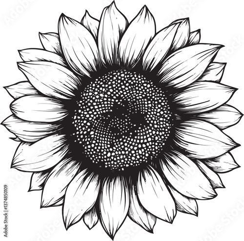 Detailed sunflower line art with intricate patterns in black and white style. Vector illustration