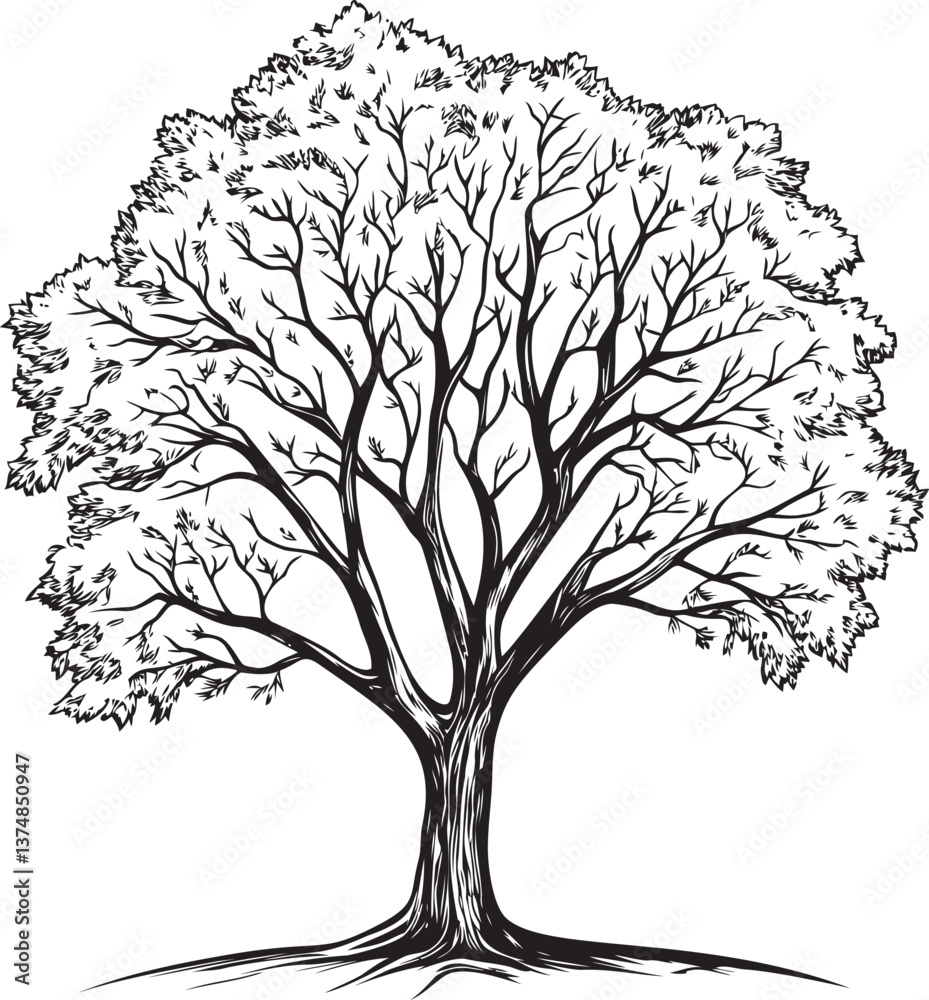 Obraz premium Detailed black and white sketch of a large tree with full foliage illustration. Vector illustration