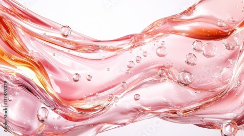 An artistic representation of pink liquid flowing gracefully, accented by small bubbles, showcasing the beauty of fluidity and vibrant color in an alluring display.