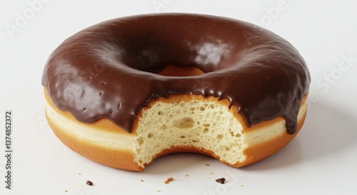 Chocolate-Glazed Donut with Bite Revealing Soft Interior Texture