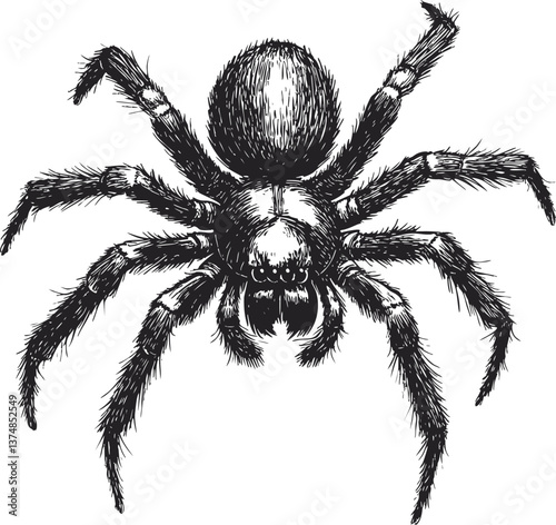 Detailed black and white illustration of a spider