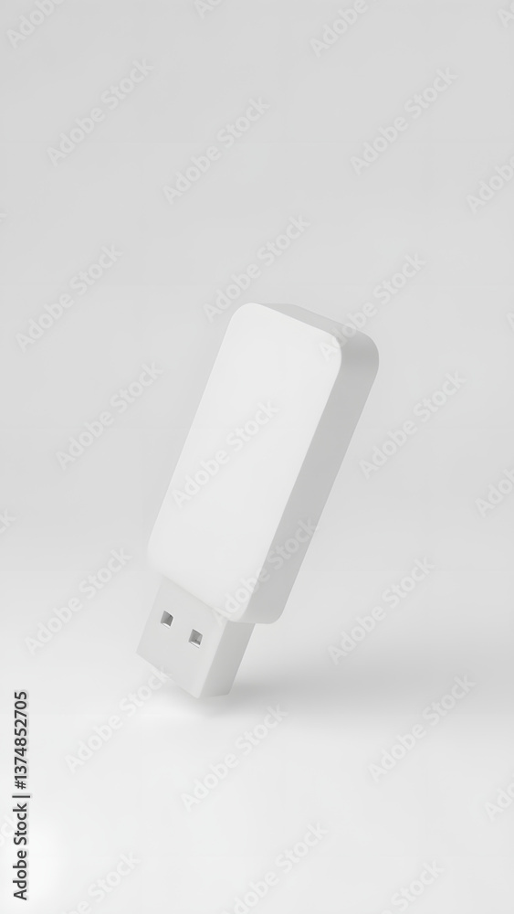 White USB drive displays flawless metal casing on pristine white mockup background. White USB drive displays flawless metal casing on pristine white mockup background.