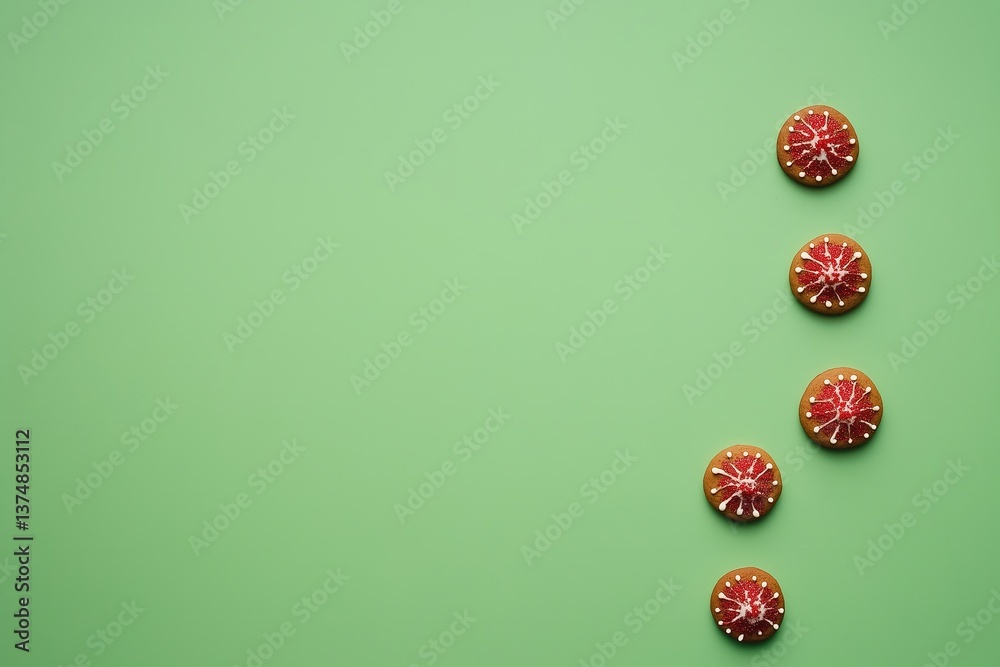 Naklejka premium Christmas gingerbread cookies with red and white icing on a green background