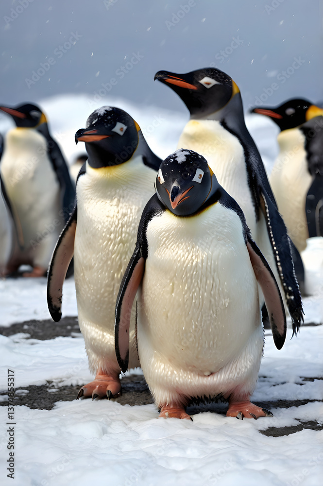 Fototapeta premium A colony of penguins huddled together in Antarctica, braving a snowstorm in the background. A stunning display of wildlife resilience and survival in extreme cold. 