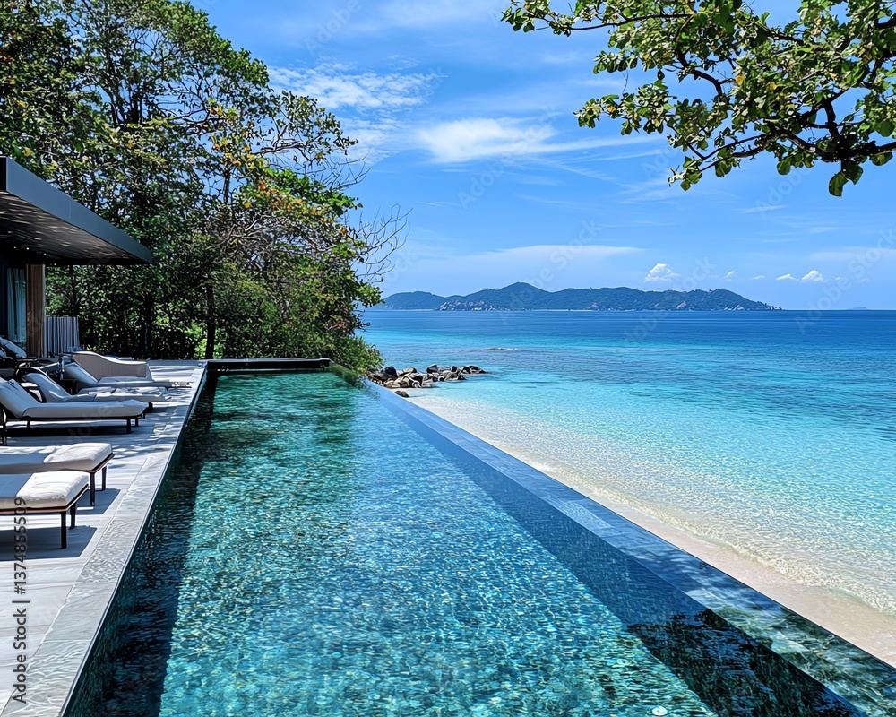 Fototapeta premium Luxury beachfront villa with infinity pool, stunning ocean view.
