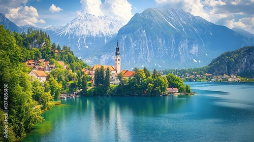 Idyllic lake village nestled in majestic mountains.