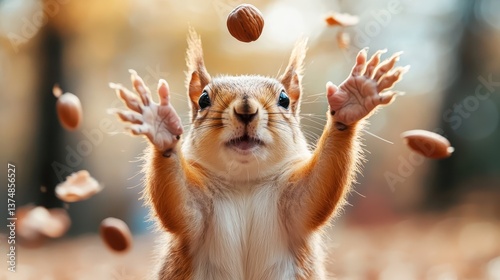 This lively squirrel is energetically playing with several nuts, showcasing its vivacity and the enchanting atmosphere of a colorful autumn environment.
