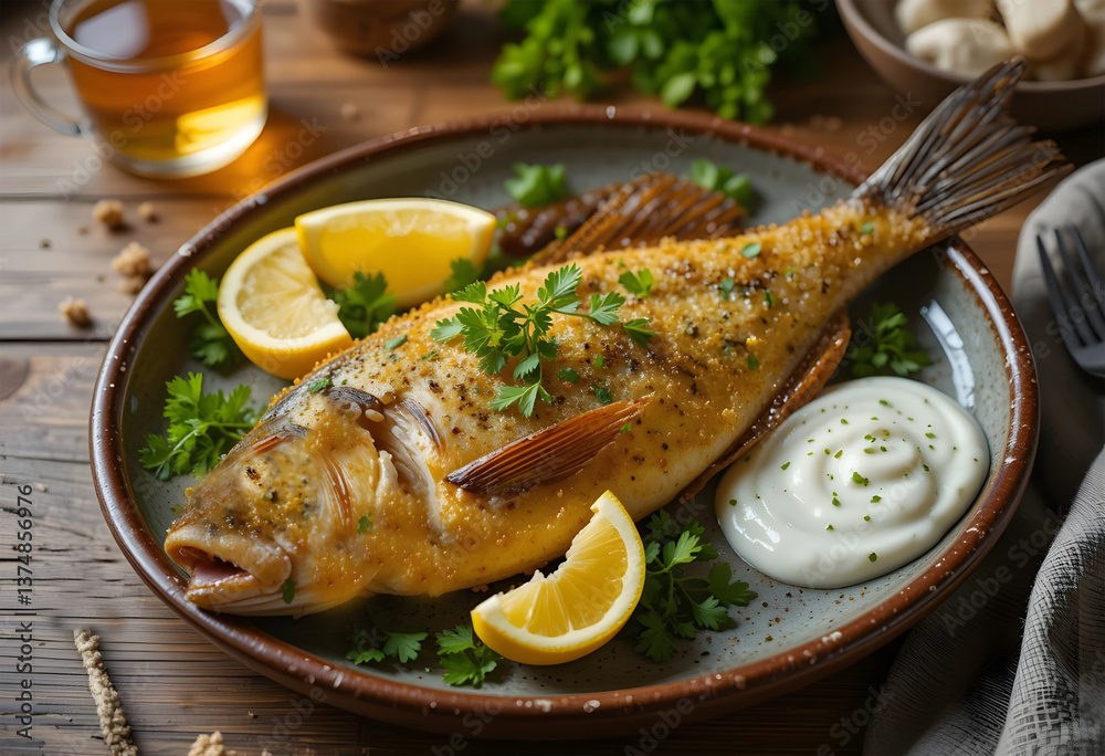 Golden pan-fried seabass with lemon, parsley, and garlic sauce on a rustic plate Golden pan-fried seabass with lemon, parsley, and garlic sauce on a rustic plate