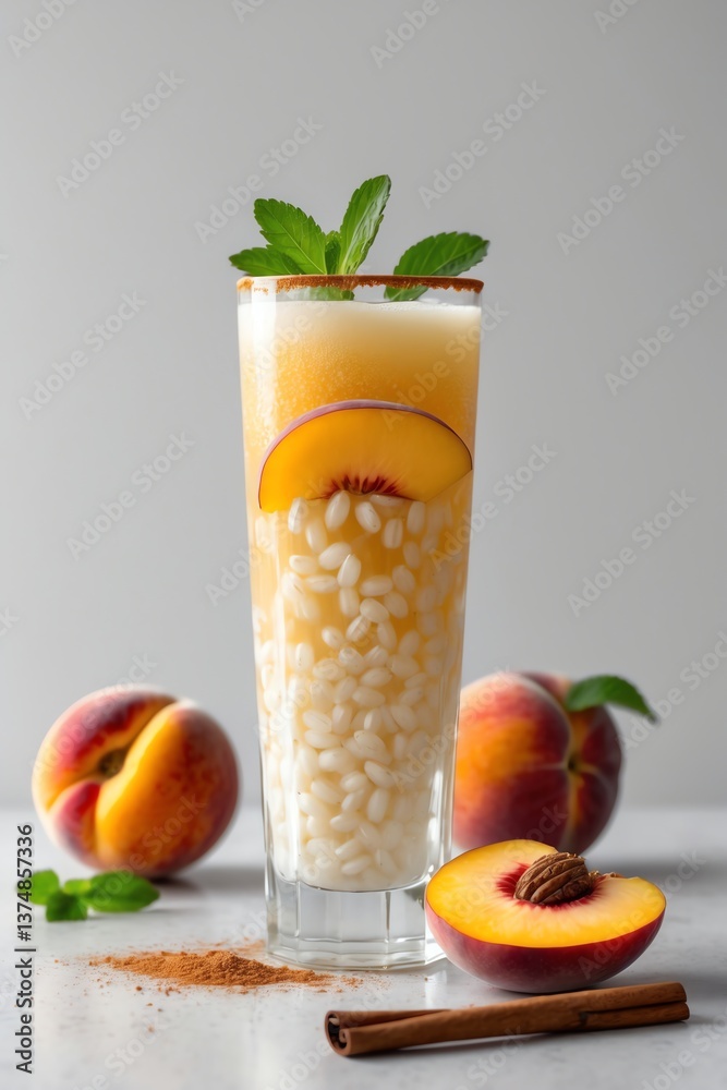 Fototapeta premium Refreshing Peach Horchata Drink with Cinnamon and Mint Garnishing