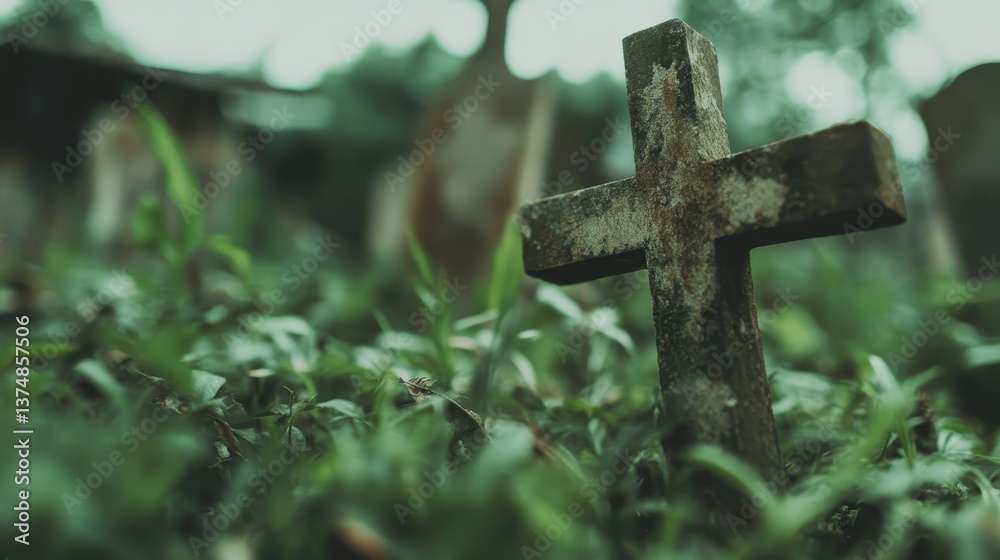 A moss-covered cross stands prominently amidst the lush greenery of a graveyard, signifying nature's reclaiming of space and the intertwined themes of life and memory. A moss-covered cross stands prominently amidst the lush greenery of a graveyard, signifying nature's reclaiming of space and the intertwined themes of life and memory.