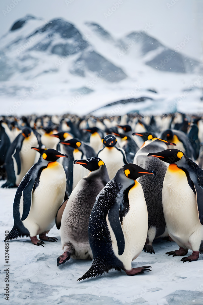 Obraz premium A colony of penguins huddled together in Antarctica, braving a snowstorm in the background. A stunning display of wildlife resilience and survival in extreme cold. 