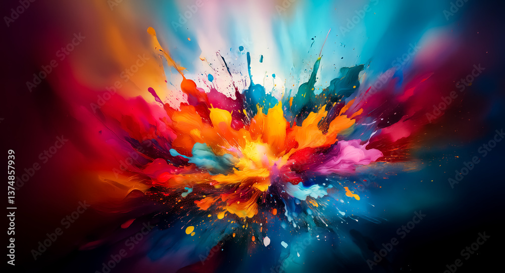 Vibrant colors explode in a dynamic paint splash against a dark background, creating an abstract and energetic visual artwork. Vibrant colors explode in a dynamic paint splash against a dark background, creating an abstract and energetic visual artwork.