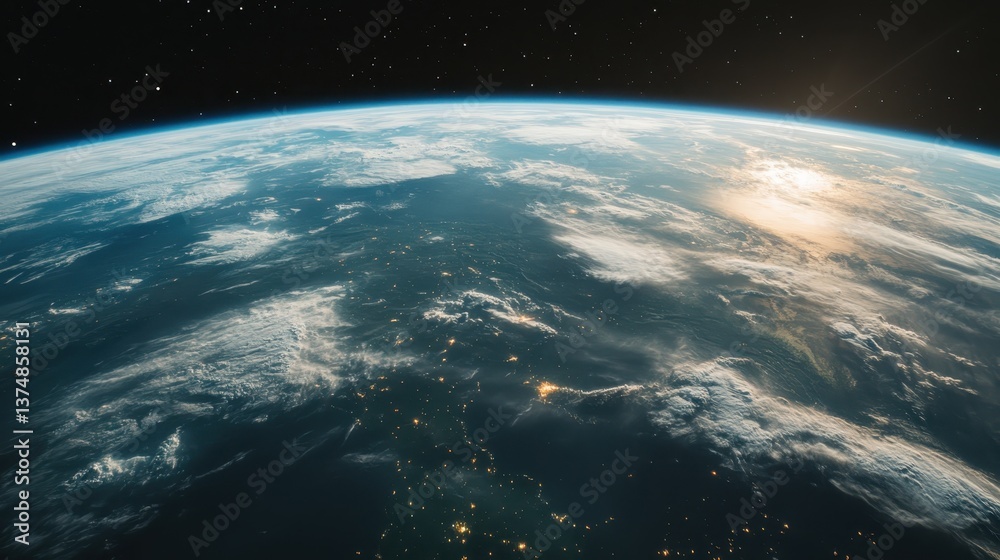 Fototapeta premium A mesmerizing perspective of Earth's surface, highlighting its vast water bodies and cloud formations, representing the planet's natural beauty and serenity.