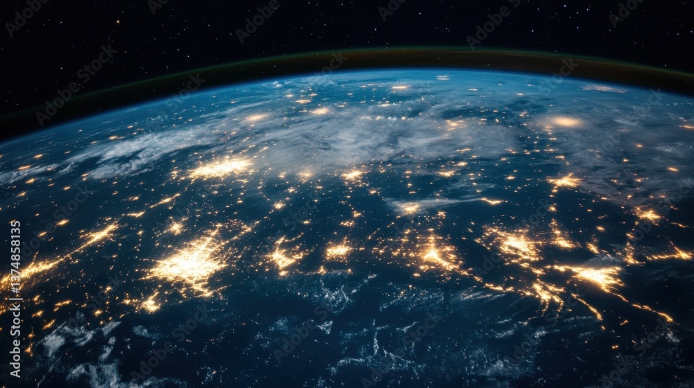 Fototapeta premium A stunning view of Earth from space, showcasing illuminated urban areas and cloud formations, illustrating the beauty and complexity of our planet at night.