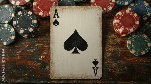 Ace of Spades card and colorful poker chips arranged on a rustic wooden table, vintage gambling concept.