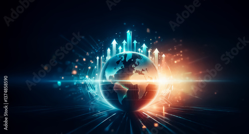 Wallpaper Mural Glowing globe with upward arrows emanating in blue and orange light, suggesting growth, global connection, and technological advancement. Torontodigital.ca