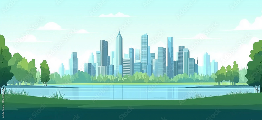 Fototapeta premium 都会の公園と高層ビルの風景(イラスト)