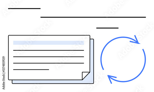 Stacked document with lined content, blue circular arrows symbolizing workflow. Ideal for process flow, data update, task management, progress tracking, file sharing, organization, flat simple