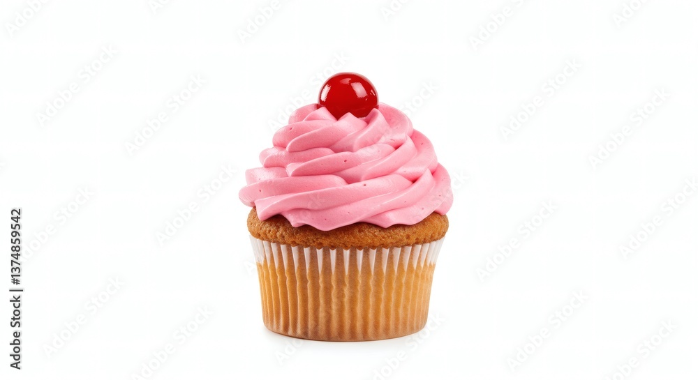 Delicious Pink Frosted Cupcake with Cherry on Top Isolated on White