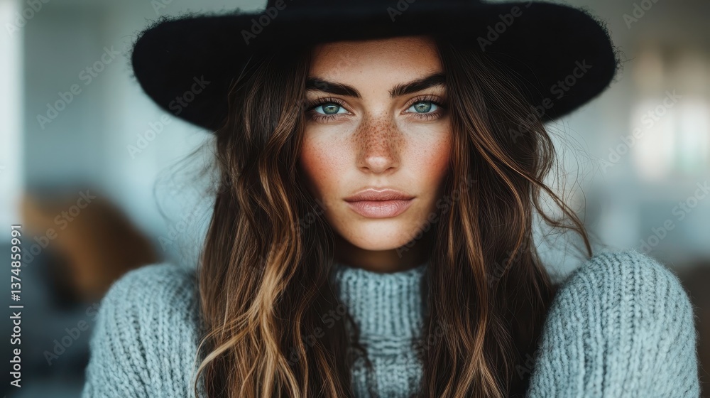 An artistic image of a beautiful woman in a cozy knit sweater and a stylish black hat, radiating confidence and contemporary fashion aesthetics. An artistic image of a beautiful woman in a cozy knit sweater and a stylish black hat, radiating confidence and contemporary fashion aesthetics.