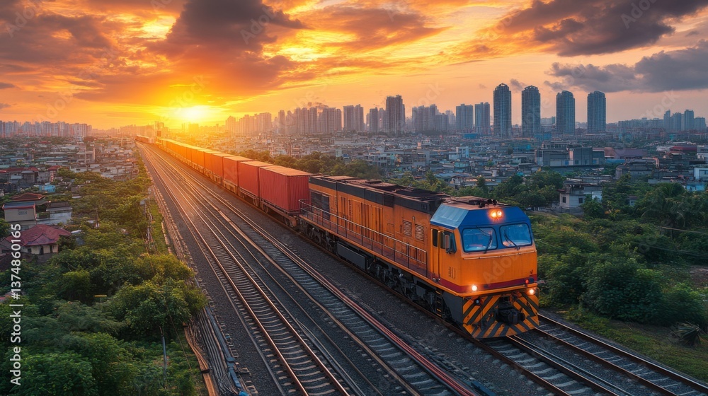 Fototapeta premium A freight train travels on tracks lined with cargo containers as the sun sets, casting warm hues over a bustling city with tall buildings and green areas.