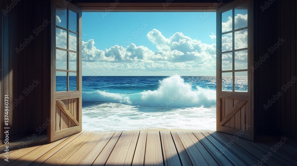 Obraz premium Ocean view through open doors, inviting coastal escape and relaxation