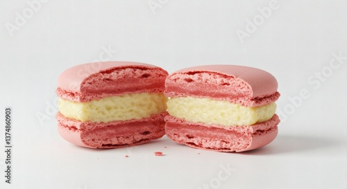 Detailed Cross-Section View of Macaron with Creamy Filling on White