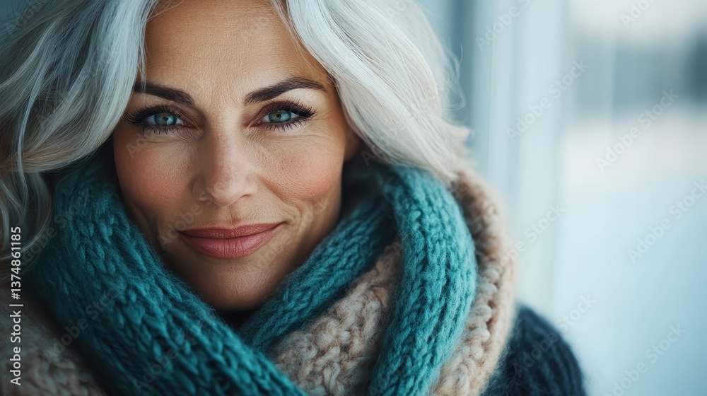 A joyful portrait of an elegant woman with gray hair wrapped in a cozy scarf, radiating warmth and confidence, perfect for themes of beauty, aging, and grace. A joyful portrait of an elegant woman with gray hair wrapped in a cozy scarf, radiating warmth and confidence, perfect for themes of beauty, aging, and grace.