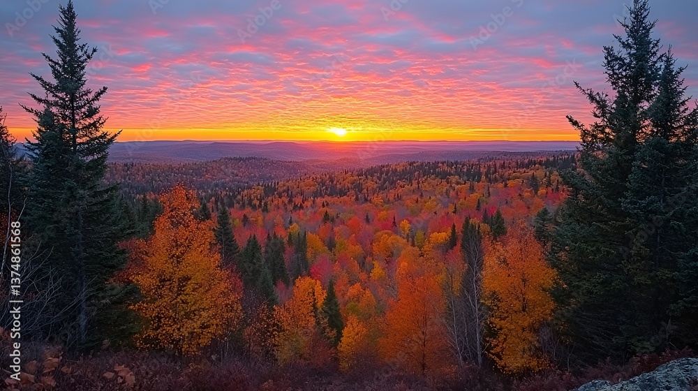 Autumn Sunrise Over Forested Mountain Range Autumn Sunrise Over Forested Mountain Range