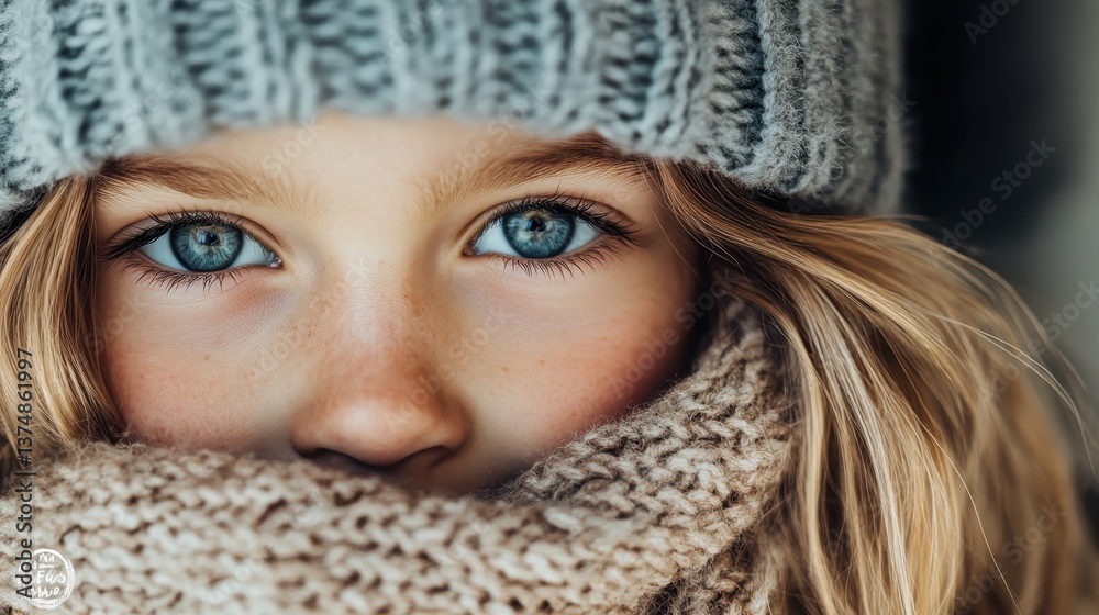 A close-up image of a cheerful girl with captivating blue eyes, wrapped up in a soft scarf and cozy knit hat, highlighting the joy of winter moments. A close-up image of a cheerful girl with captivating blue eyes, wrapped up in a soft scarf and cozy knit hat, highlighting the joy of winter moments.
