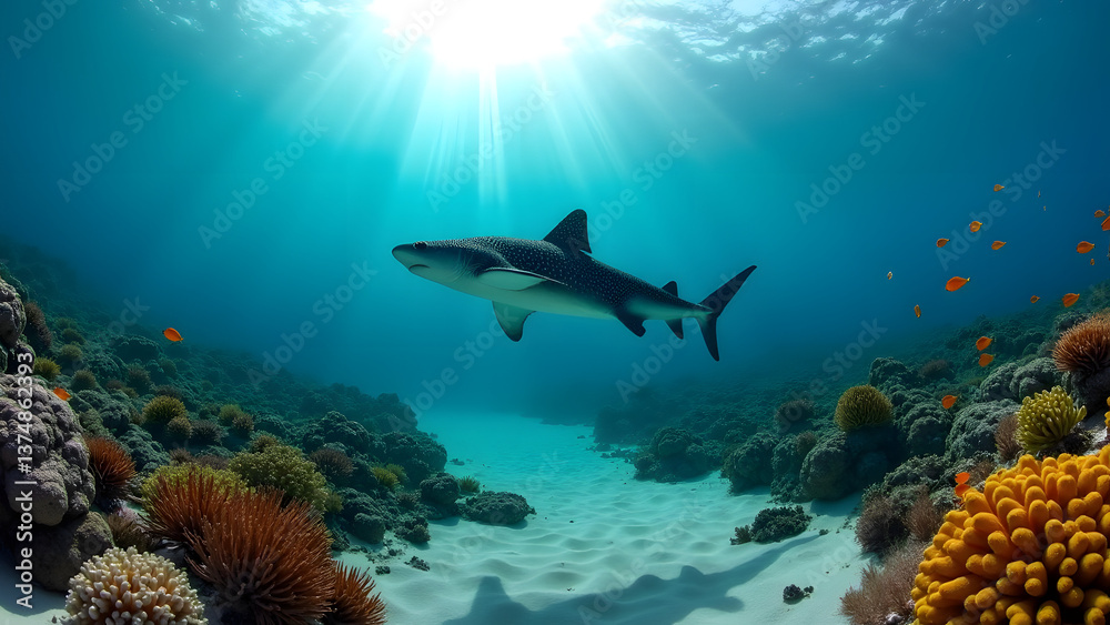 Fototapeta premium Belize reef: whale shark, coral gardens, and shipwreck relics. Ocean’s silent theater.