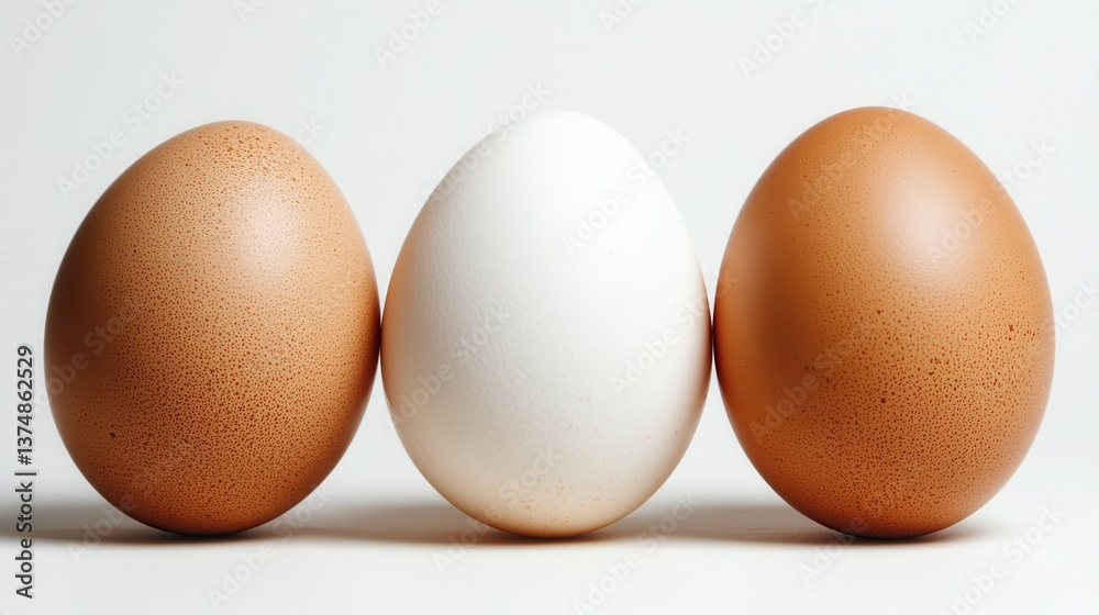 This image features three eggs, two brown and one white, placed in a straight line against a clean background, highlighting their natural textures. This image features three eggs, two brown and one white, placed in a straight line against a clean background, highlighting their natural textures.