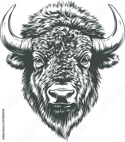 Detailed black and white illustration of a bison with intricate fur texture. Vector illustration