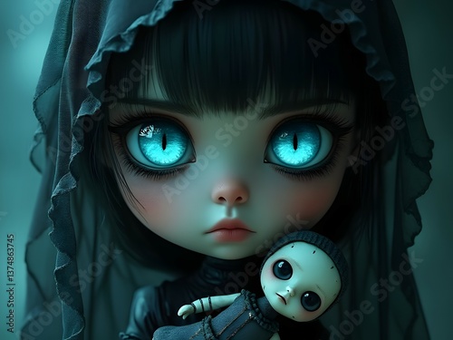 Cute 3d anime girl with blue eyes holding a doll, gothic art, solemn expression, creating an eerie and creepy atmosphere, epic fantasy, chibi art, stunning artwork 