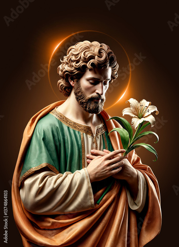 Saint Joseph, father of Jesus, holds a lily flower symbolizing his purity