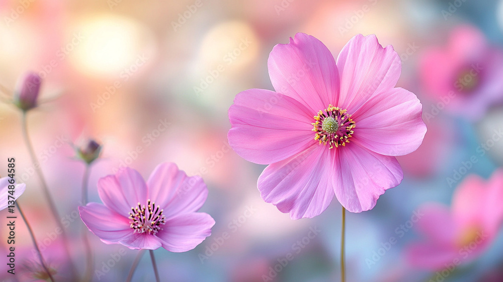 Fototapeta premium A beautiful pink flower blooms gracefully against a soft pastel background symbolizing love femininity grace and renewal evoking feelings of serenity romance and delicate natural beauty