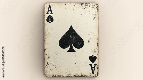 An aged Ace of Spades playing card showing vintage character with its distressed surface.
