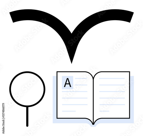 Open book paired with magnifying glass for research, learning, and analysis with checkmark symbolizing accuracy. Ideal for education, study, reading, verification, research, knowledge
