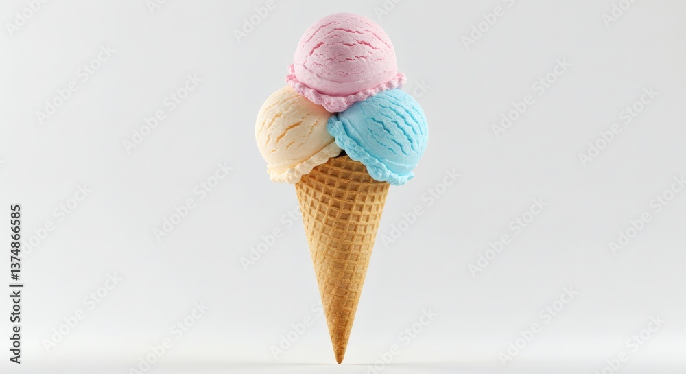 Pastel Three-Scoop Ice Cream Cone on Minimalist White Background Pastel Three-Scoop Ice Cream Cone on Minimalist White Background