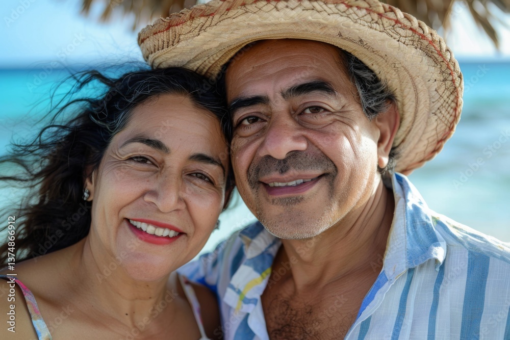 Fototapeta premium Smiling portrait of a middle aged Hispanic couple on a vacation on a tropic beach