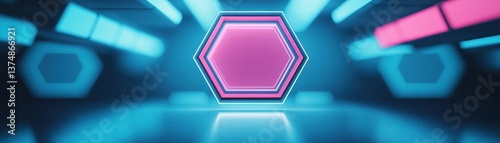 Abstract hexagonal prism, 3D geometric design, front view, multilayered depth, digital tone, complementary color scheme photo