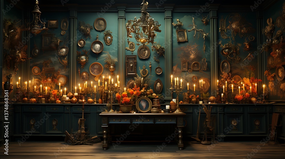 Obraz premium Enchanted Teal Room: A Mystical Interior with Candles and Portraits