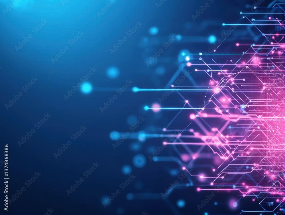 Fototapeta premium Abstract tech background with illuminated fiber optic connections, quantum computing network system and electronic global intelligence, data on computer screen background