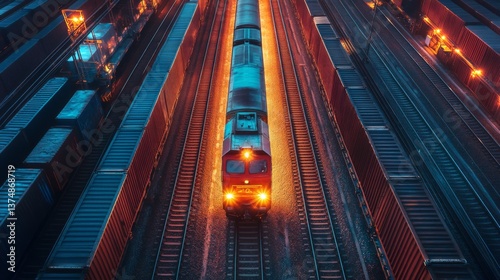 A freight train moves through an intermodal yard illuminated by soft lights, surrounded by numerous cargo containers, emphasizing the logistics and transportation network at night.