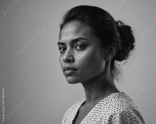 Black and white portrait of a confident woman, white background highlighting strength