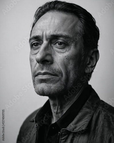 Black and white portrait of a sad man, neutral white background highlighting deep reflection
